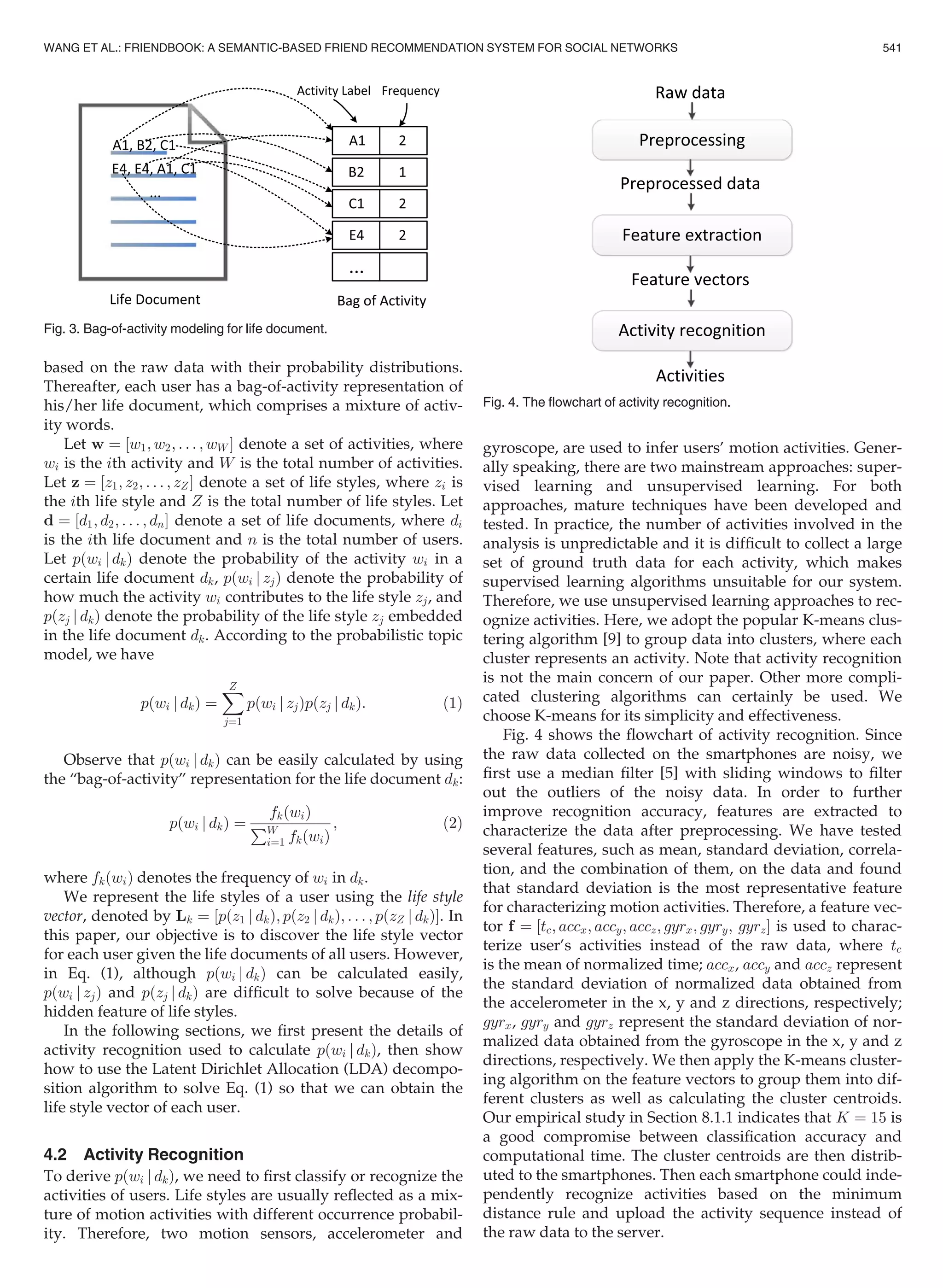 based on the raw data with their probability distributions.
Thereafter, each user has a bag-of-activity representation of
his/her life document, which comprises a mixture of activ-
ity words.
Let w ¼ ½w1; w2; . . . ; wW Š denote a set of activities, where
wi is the ith activity and W is the total number of activities.
Let z ¼ ½z1; z2; . . . ; zZŠ denote a set of life styles, where zi is
the ith life style and Z is the total number of life styles. Let
d ¼ ½d1; d2; . . . ; dnŠ denote a set of life documents, where di
is the ith life document and n is the total number of users.
Let pðwi j dkÞ denote the probability of the activity wi in a
certain life document dk, pðwi j zjÞ denote the probability of
how much the activity wi contributes to the life style zj, and
pðzj j dkÞ denote the probability of the life style zj embedded
in the life document dk. According to the probabilistic topic
model, we have
pðwi j dkÞ ¼
XZ
j¼1
pðwi j zjÞpðzj j dkÞ: (1)
Observe that pðwi j dkÞ can be easily calculated by using
the “bag-of-activity” representation for the life document dk:
pðwi j dkÞ ¼
fkðwiÞ
PW
i¼1 fkðwiÞ
; (2)
where fkðwiÞ denotes the frequency of wi in dk.
We represent the life styles of a user using the life style
vector, denoted by Lk ¼ ½pðz1 j dkÞ; pðz2 j dkÞ; . . . ; pðzZ j dkÞŠ. In
this paper, our objective is to discover the life style vector
for each user given the life documents of all users. However,
in Eq. (1), although pðwi j dkÞ can be calculated easily,
pðwi j zjÞ and pðzj j dkÞ are difﬁcult to solve because of the
hidden feature of life styles.
In the following sections, we ﬁrst present the details of
activity recognition used to calculate pðwi j dkÞ, then show
how to use the Latent Dirichlet Allocation (LDA) decompo-
sition algorithm to solve Eq. (1) so that we can obtain the
life style vector of each user.
4.2 Activity Recognition
To derive pðwi j dkÞ, we need to ﬁrst classify or recognize the
activities of users. Life styles are usually reﬂected as a mix-
ture of motion activities with different occurrence probabil-
ity. Therefore, two motion sensors, accelerometer and
gyroscope, are used to infer users’ motion activities. Gener-
ally speaking, there are two mainstream approaches: super-
vised learning and unsupervised learning. For both
approaches, mature techniques have been developed and
tested. In practice, the number of activities involved in the
analysis is unpredictable and it is difﬁcult to collect a large
set of ground truth data for each activity, which makes
supervised learning algorithms unsuitable for our system.
Therefore, we use unsupervised learning approaches to rec-
ognize activities. Here, we adopt the popular K-means clus-
tering algorithm [9] to group data into clusters, where each
cluster represents an activity. Note that activity recognition
is not the main concern of our paper. Other more compli-
cated clustering algorithms can certainly be used. We
choose K-means for its simplicity and effectiveness.
Fig. 4 shows the ﬂowchart of activity recognition. Since
the raw data collected on the smartphones are noisy, we
ﬁrst use a median ﬁlter [5] with sliding windows to ﬁlter
out the outliers of the noisy data. In order to further
improve recognition accuracy, features are extracted to
characterize the data after preprocessing. We have tested
several features, such as mean, standard deviation, correla-
tion, and the combination of them, on the data and found
that standard deviation is the most representative feature
for characterizing motion activities. Therefore, a feature vec-
tor f ¼ ½tc; accx; accy; accz; gyrx; gyry; gyrzŠ is used to charac-
terize user’s activities instead of the raw data, where tc
is the mean of normalized time; accx, accy and accz represent
the standard deviation of normalized data obtained from
the accelerometer in the x, y and z directions, respectively;
gyrx, gyry and gyrz represent the standard deviation of nor-
malized data obtained from the gyroscope in the x, y and z
directions, respectively. We then apply the K-means cluster-
ing algorithm on the feature vectors to group them into dif-
ferent clusters as well as calculating the cluster centroids.
Our empirical study in Section 8.1.1 indicates that K ¼ 15 is
a good compromise between classiﬁcation accuracy and
computational time. The cluster centroids are then distrib-
uted to the smartphones. Then each smartphone could inde-
pendently recognize activities based on the minimum
distance rule and upload the activity sequence instead of
the raw data to the server.
Fig. 3. Bag-of-activity modeling for life document.
Fig. 4. The ﬂowchart of activity recognition.
WANG ET AL.: FRIENDBOOK: A SEMANTIC-BASED FRIEND RECOMMENDATION SYSTEM FOR SOCIAL NETWORKS 541
 