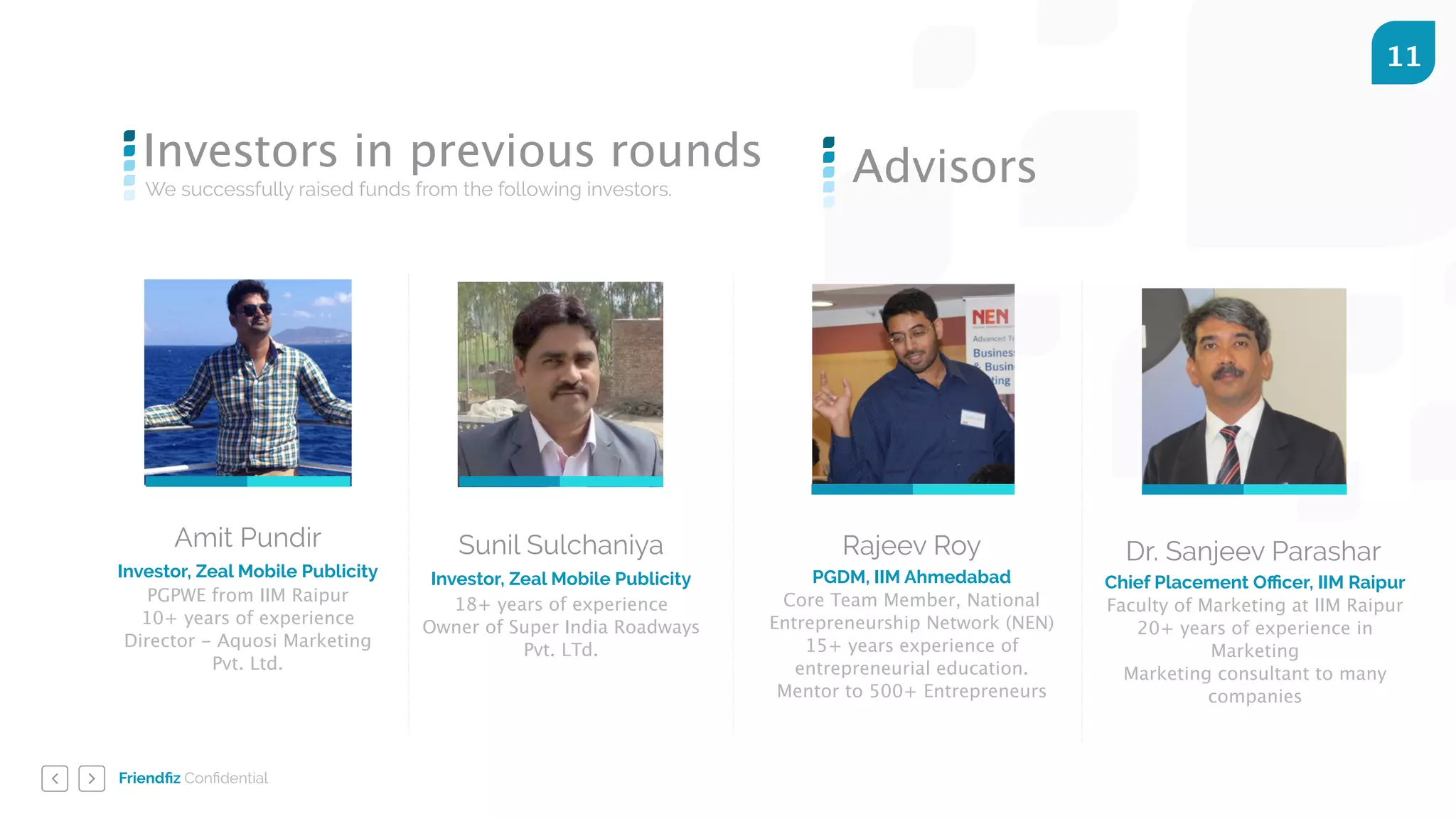 Friendﬁz Conﬁdential
11
We successfully raised funds from the following investors.
Investors in previous rounds
Amit Pundir
PGPWE from IIM Raipur
10+ years of experience
Director - Aquosi Marketing 
Pvt. Ltd.
Investor, Zeal Mobile Publicity
Sunil Sulchaniya
18+ years of experience
Owner of Super India Roadways
Pvt. LTd.
Investor, Zeal Mobile Publicity
Rajeev Roy
PGDM, IIM Ahmedabad
Core Team Member, National
Entrepreneurship Network (NEN)
15+ years experience of
entrepreneurial education.
Mentor to 500+ Entrepreneurs
Dr. Sanjeev Parashar
Chief Placement Oﬃcer, IIM Raipur
Faculty of Marketing at IIM Raipur
20+ years of experience in
Marketing
Marketing consultant to many
companies
Advisors
 