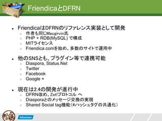 FriendicaとDFRN

●   FriendicaはDFRNのリファレンス実装として開発
    ○   作者も同じMacgirvin氏
    ○   PHP + RDB(MySQL) で構成
    ○   MITライセンス
    ○   Friendica.comを始め、多数のサイトで運用中

●   他のSNSとも、プラグイン等で連携可能
    ○   Diaspora, Status.Net
    ○   Twitter
    ○   Facebook
    ○   Google +

●   現在は2.4の開発が進行中
    ○   DFRN改め、Zot!プロトコル へ
    ○   Diasporaとのメッセージ交換の実現
    ○   Shared Social tag機能（#ハッシュタグの共通化）
 