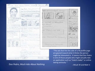 “The ads that line the side of a FB profile page are geared toward what it thinks the person  might be interested in.  It seems that Don Pedro is one of those people who might actually take an application such as “match maker” or online dating seriously. “		--Micah W and Matt V. Don Pedro, Much Ado About Nothing