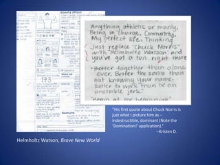 “His first quote about Chuck Norris is just what I picture him as – indestructible, dominant (Note the ‘Domination!’ application).”		--Kristen D.Helmholtz Watson, Brave New World