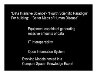 “Data Intensive Science”- “Fourth Scientific Paradigm”
For building: “Better Maps of Human Disease”

           Equipment capable of generating
           massive amounts of data

           IT Interoperability

           Open Information System
       Evolving Models hosted in a
       Compute Space- Knowledge Expert
 