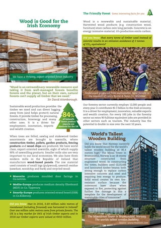 5The Friendly Forest Some interesting facts for you
Wood is Good for the
Irish Economy
Sustainable wood production provides the
timber we need and can divert logging
away from (and helps protect) natural
forests. It provide timber for processing,
construction, bioenergy and many
other uses. It is a driver for
employment, innovation, exports
and wealth creation.
Wood is a renewable and sustainable material.
Harvested wood products (e.g. construction wood,
furniture) store carbon over long periods. Concrete is an
energy intensive material; it’s production emits carbon.
Did you know that every tonne of timber used instead of
concrete results in an emission avoidance of 2 tonnes
of CO2 equivalents?
We have a thriving, export-oriented forest industry.
The Mjøstårnet Tower in Brumunddal, Norway.
The worlds tallest wooden building.
Source: www.moelven.com
When trees are felled, sawlog and stakewood timber
assortments are brought to sawmills, where
construction timber, pallets, garden products, fencing
products and wood chips are produced. We have world
class, export-oriented sawmills, eight of which supply
90% of sawmilling products. Smaller mills also are very
important to our local economies. We also have three
modern mills in the Republic of Ireland that
manufacture wood-based panels. The raw material
used consists of small logs (pulpwood), sawmill residue
(sawdust, woodchip and bark) and recycled wood:
• Masonite produces moulded door facings in
Co.Leitrim.
• Medite-Europe produces medium density fibreboard
(MDF) in Co. Tipperary.
• Smartly-Europe produces oriented strand board (OSB)
in Co.Kilkenny.
Did you know that in 2018, 3.69 million cubic metres of
roundwood (including firewood) was harvested in Ireland?
Over one million cubic metres came from private forests. The
UK is a key market for 84% of Irish timber exports and in
2018 our timber exports were valued at €450 million.
Did you know that Norway currently
holds the world record for the world's
tallest wooden building at 85.4
metres high? The Mjosa Tower in
Brumunddal, Norway is an 18-storey
structure constructed from
engineered wood. In constructing
the tower, builders used GLULAM
and laminated timber beams: both
strong enough to replace carbon
intensive concrete and steel and
requiring less energy to produce.
Solid wood creates its own ﬁre-
resistant surface because the
outermost layer chars when
exposed to ﬁre, protecting against
further ﬁre damage Is this a
template for the development of
sustainable cities of tomorrow?
Stakewood produced from sustainable, local forests in
the sawmill of Larry Byrne & Sons Co. Wicklow.
Our forestry sector currently employs 12,000 people and
every year it contributes €2.3 billion to the Irish economy.
It is a driver for employment, innovation, valuable exports
and wealth creation. For every 100 jobs in the forestry
sector an extra 90 fulltime equivalent jobs are provided in
other sectors such as tourism. The industry has the
potential to double in size over the next 10 years.
84%
of Ireland’s
forest product
exports are
destined for the UK
‘Wood is an extraordinary renewable resource and
taking it from well-managed forests benefits
forests and the planet, but on their own, natural
forests can't supply all timber that we need.’
Sir David Attenborough.
World's Tallest
Wooden Building
 