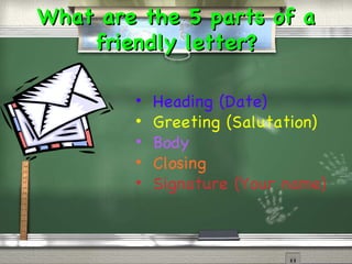 [object Object],[object Object],[object Object],[object Object],[object Object],What are the 5 parts of a friendly letter? 
