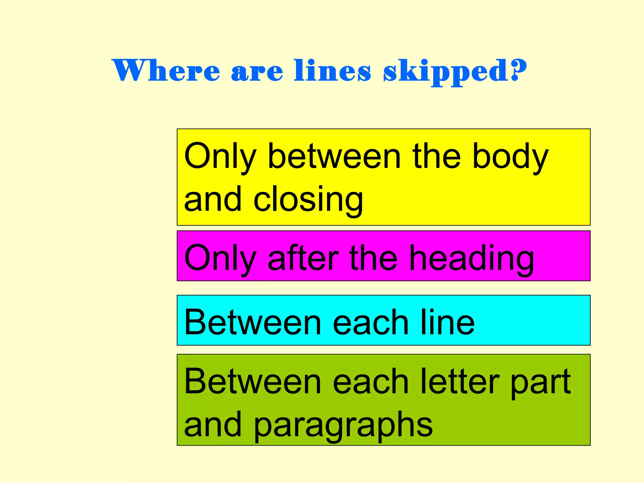 Where are lines skipped?


    Only between the body
    and closing
    Only after the heading
    Between each line
    Between each letter part
    and paragraphs
 