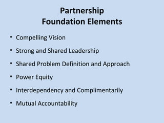 Partnership Foundation Elements Compelling Vision Strong and Shared Leadership Shared Problem Definition and Approach Power Equity Interdependency and Complimentarily Mutual Accountability 