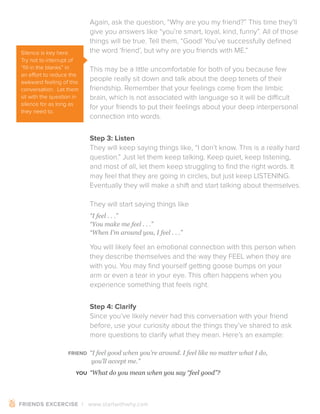| www.startwithwhy.com
Again, ask the question, “Why are you my friend?” This time they’ll
give you answers like “you’re smart, loyal, kind, funny”. All of those
things will be true. Tell them, “Good! You’ve successfully deﬁned
the word ‘friend’, but why are you friends with ME.”
This may be a little uncomfortable for both of you because few
people really sit down and talk about the deep tenets of their
friendship. Remember that your feelings come from the limbic
for your friends to put their feelings about your deep interpersonal
connection into words.
Step 3: Listen
They will keep saying things like, “I don’t know. This is a really hard
question.” Just let them keep talking. Keep quiet, keep listening,
and most of all, let them keep struggling to ﬁnd the right words. It
may feel that they are going in circles, but just keep LISTENING.
Eventually they will make a shift and start talking about themselves.
They will start saying things like
“I feel . . .”
“You make me feel . . .”
“When I’m around you, I feel . . .”
You will likely feel an emotional connection with this person when
they describe themselves and the way they FEEL when they are
with you. You may ﬁnd yourself getting goose bumps on your
arm or even a tear in your eye. This often happens when you
experience something that feels right.
Step 4: Clarify
Since you’ve likely never had this conversation with your friend
before, use your curiosity about the things they’ve shared to ask
more questions to clarify what they mean. Here’s an example:
“I feel good when you’re around. I feel like no matter what I do,
you’ll accept me.”
“What do you mean when you say “feel good”?
FRIEND
YOU
Silence is key here.
Try not to interrupt of
“ﬁll in the blanks” in
awkward feeling of this
conversation. Let them
sit with the question in
silence for as long as
they need to.
FRIENDS EXCERCISE
 