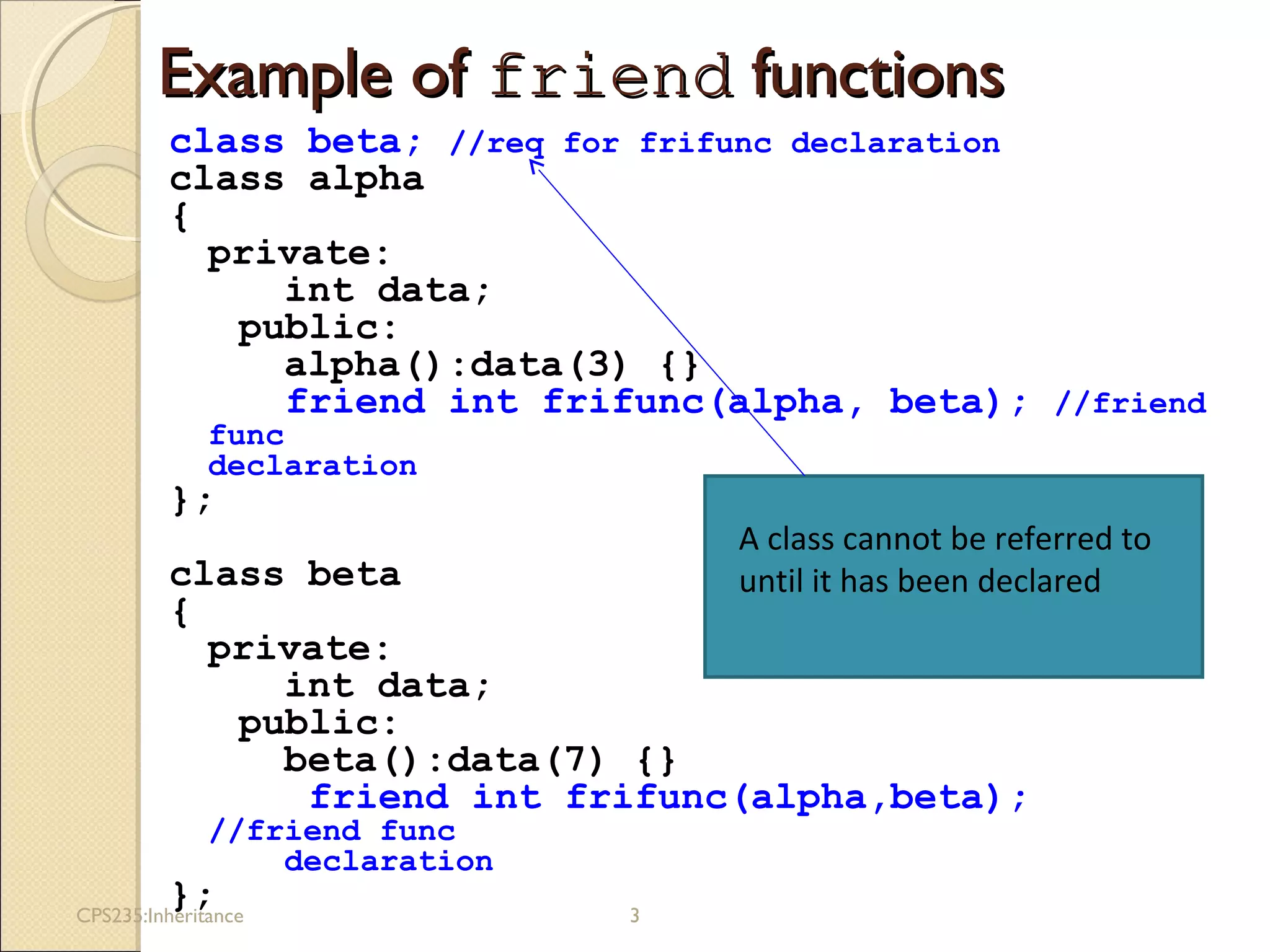Example ofExample of friendfriend functionsfunctions
class beta; //req for frifunc declaration
class alpha
{
private:
int data;
public:
alpha():data(3) {}
friend int frifunc(alpha, beta); //friend
func
declaration
};
class beta
{
private:
int data;
public:
beta():data(7) {}
friend int frifunc(alpha,beta);
//friend func
declaration
};CPS235:Inheritance 3
A class cannot be referred to
until it has been declared
 