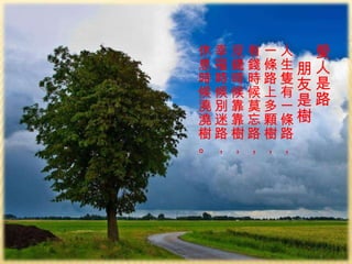 愛人是路 朋友是樹 人生隻有一條路， 一條路上多顆樹， 有錢時候莫忘路， 沒錢時候靠靠樹， 幸福時候別迷路， 休息時候澆澆樹。 