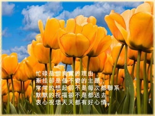 忙碌是個真實的理由， 牽挂卻是個不變的主題， 常常的想起卻不是每次都聯系， 默默的祝福卻不是都送去， 衷心祝您天天都有好心情。 