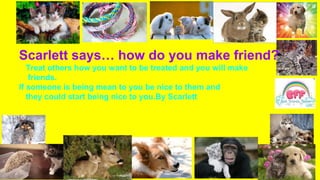 Scarlett says… how do you make friend?
Treat others how you want to be treated and you will make
friends.
If someone is being mean to you be nice to them and
they could start being nice to you.By Scarlett
 