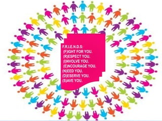 F.R.I.E.N.D.S:
(F)IGHT FOR YOU.
(R)ESPECT YOU.
(I)NVOLVE YOU.
(E)NCOURAGE YOU.
(N)EED YOU.
(D)ESERVE YOU.
(S)AVE YOU.
 