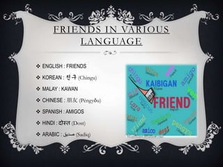 FRIENDS IN VARIOUS
LANGUAGE
 ENGLISH : FRIENDS
 KOREAN : 친구 (Chingu)
 MALAY : KAWAN
 CHINESE : 朋友 (Péngyǒu)
 SPANISH : AMIGOS
 HINDI : दोस्त (Dost)
 ARABIC : ‫صديق‬ (Sadiq)
 