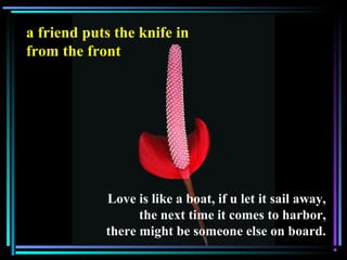 a friend puts the knife in
from the front
Love is like a boat, if u let it sail away,
the next time it comes to harbor,
there might be someone else on board.
 