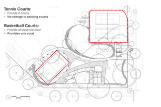 Tennis Courts:

• Provide 2 courts
• No change to existing courts

Basketball Courts:

• Provide at least one court
• Provides one court

 