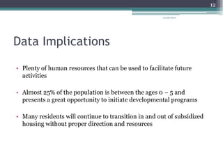 Data ImplicationsPlenty of human resources that can be used to facilitate future activitiesAlmost 25% of the population is between the ages 0 – 5 and presents a great opportunity to initiate developmental programs Many residents will continue to transition in and out of subsidized housing without proper direction and resources12/26/201012