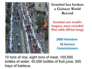 Istanbul has broken a Guiness World Record Istanbul sets world’s longest, most crowded Iftar table (10 km long) 2900 Volunteer  50 Guiness Commissioners 10 tons of rice, eight tons of meat, 100,000 bottles of water, 45,000 bottles of fruit juice, 500 trays of baklava.  