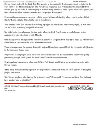 20110707-5039 FERC PDF (Unofficial) 7/7/2011 9:28:19 AM                               http://MillCityTimes.com

 Crown Hyd...