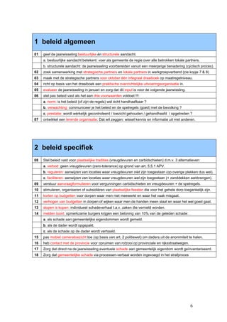 1 beleid algemeen
01   geef de jaarwisseling bestuurlijke én structurele aandacht.
     a. bestuurlijke aandacht betekent: voer als gemeente de regie over alle betrokken lokale partners.
     b. structurele aandacht: de jaarwisseling voorbereiden vanuit een meerjarige benadering (cyclisch proces).
02   zoek samenwerking met strategische partners en lokale partners in werkgroepverband (zie kopje 7 & 8)
03   maak met de strategische partners voor oktober één integraal draaiboek op maatregelniveau.
04   richt op basis van het draaiboek een praktische overzichtelijke uitvoeringsorganisatie in.
05   evalueer de jaarwisseling in januari en zorg dat dit input is voor de volgende jaarwissling.
06   stel pas beleid vast als het aan drie voorwaarden voldoet !!!:
     a. norm: is het beleid (of zijn de regels) wel écht handhaafbaar ?
     b. verwachting: communiceer je het beleid en de spelregels (goed) met de bevolking ?
     c. prestatie: wordt wérkelijk gecontroleerd / toezicht gehouden / gehandhaafd / opgetreden ?
07   ontwikkel een lerende organisatie. Dat wil zeggen: wissel kennis en informatie uit met anderen.




2 beleid specifiek
08   Stel beleid vast voor plaatselijke tradities (vreugdevuren en carbidschieten) d.m.v. 3 alternatieven:
     a. verbod: geen vreugdevuren (zero-tolerance) op grond van art. 5.5.1 APV.
     b. reguleren: aanwijzen van locaties waar vreugdevuren niet zijn toegestaan (op overige plekken dus wel).
     c. faciliteren: aanwijzen van locaties waar vreugdevuren wel zijn toegestaan (+ zanddekken aanbrengen).
09   verstuur aanvraagformulieren voor vergunningen carbidschieten en vreugdevuren + de spelregels.
10   stimuleren, organiseren of subsidiëren van plaatselijke feesten die voor het gehele dorp toegankelijk zijn.
11   korten op budgetten voor dorpen waar men niet meewerkt en waar het vaak misgaat.
12   verhogen van budgetten in dorpen of wijken waar men de handen ineen slaat en waar het wel goed gaat.
13   slopen is kopen: individueel schadeverhaal t.a.v. zaken die vernield worden.
14   melden loont: opmerkzame burgers krijgen een beloning van 10% van de geleden schade:
     a. als schade aan gemeentelijke eigendommen wordt gemeld.
     b. als de dader wordt opgepakt.
     c. als de schade op de dader wordt verhaald.
15   pas mobiel cameratoezicht toe (op basis van art. 2 politiewet) om daders uit de anonimiteit te halen.
16   heb contact met de provincie voor opruimen van rotzooi op provinciale en rijksstraatwegen.
17   Zorg dat direct na de jaarwisseling eventuele schade aan gemeentelijk eigendom wordt geïnventariseerd.
18   Zorg dat gemeentelijke schade via processen-verbaal worden ingevoegd in het strafproces




                                                                                                    6
 