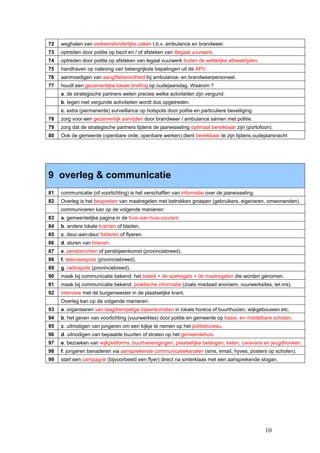72   weghalen van verkeershinderlijke zaken t.b.v. ambulance en brandweer.
73   optreden door politie op bezit en / of afsteken van illegaal vuurwerk.
74   optreden door politie op afsteken van legaal vuurwerk buiten de wettelijke afsteektijden.
75   handhaven op naleving van belangrijkste bepalingen uit de APV.
76   aanmoedigen van aangiftebereidheid bij ambulance- en brandweerpersoneel.
77   houdt een gezamenlijke lokale briefing op oudejaarsdag. Waarom ?
     a. de strategische partners weten precies welke activiteiten zijn vergund.
     b. tegen niet vergunde activiteiten wordt dus opgetreden.
     c. extra (permanente) surveillance op hotspots door politie en particuliere beveiliging.
78   zorg voor een gezamenlijk aanrijden door brandweer / ambulance sámen met politie.
79   zorg dat de strategische partners tijdens de jaarwisseling optimaal bereikbaar zijn (portofoon).
80   Ook de gemeente (openbare orde, openbare werken) dient bereikbaar te zijn tijdens oudejaarsnacht




9 overleg & communicatie
81   communicatie (of voorlichting) is het verschaffen van informatie over de jaarwisseling.
82   Overleg is het bespreken van maatregelen met betrokken groepen (gebruikers, eigenaren, omwonenden).
     communiceren kan op de volgende manieren:
83   a. gemeentelijke pagina in de huis-aan-huis-courant.
84   b. andere lokale kranten of bladen.
85   c. deur-aan-deur folderen of flyeren.
86   d. sturen van brieven.
87   e. persberichten of persbijeenkomst (provinciebreed).
88   f. televisiespots (provinciebreed).
89   g. radiospots (provinciebreed).
90   maak bij communicatie bekend: het beleid + de spelregels + de maatregelen die worden genomen.
91   maak bij communicatie bekend: praktische informatie (zoals misdaad anoniem, vuurwerksites, tel.nrs).
92   interview met de burgemeester in de plaatselijke krant.
     Overleg kan op de volgende manieren:
93   a. organiseren van laagdrempelige bijeenkomsten in lokale horeca of buurthuizen, wijkgebouwen etc.
94   b. het geven van voorlichting (vuurwerkles) door politie en gemeente op basis- en middelbare scholen.
95   c. uitnodigen van jongeren om een kijkje te nemen op het politiebureau.
96   d. uitnodigen van bepaalde buurten of straten op het gemeentehuis.
97   e. bezoeken van wijkplatforms, buurtverenigingen, plaatselijke belangen, keten, caravans en jeugdhonken.
98   f. jongeren benaderen via aansprekende communicatiekanalen (sms, email, hyves, posters op scholen).
99   start een campagne (bijvoorbeeld een flyer) direct na sinterklaas met een aansprekende slogan.




                                                                                                 10
 