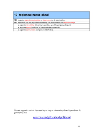 10 regionaal naast lokaal
100 zorg voor regionale voorbereiding en afstemming van de jaarwisseling.
101 agendering van een regionale voorbereiding kan plaatsvinden in het regionaal college.
     a. regionale normstelling (tolerantiegrenzen t.a.v. geweld tegen gezagsdragers).
     b. regionale sturing (aansturen en coördineren van politie-inzet).
     c. regionale communicatie (een gezamenlijke folder).




Nieuwe suggesties, andere tips, ervaringen, vragen, afstemming of overleg mail naar de
gezamenlijk mail

                            oudennieuw@friesland.politie.nl


                                                                                            11
 