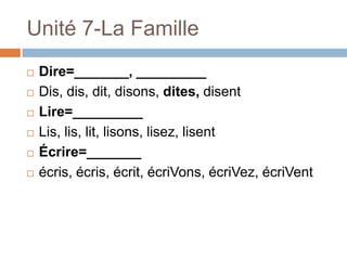 Unité 7-La Famille
   Dire=_______, _________
   Dis, dis, dit, disons, dites, disent
   Lire=_________
   Lis, lis, lit, lisons, lisez, lisent
   Écrire=_______
   écris, écris, écrit, écriVons, écriVez, écriVent
 