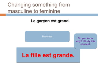 Changing something from
masculine to feminine
Le garçon est grand.

Becomes

La fille est grande.

Do you know
why? Study this
concept.

 
