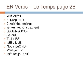 ER Verbs – Le Temps page 2B













-ER verbs
1. Drop –ER
2. Add the endings
-e, -es, -e, -ons, ez, ent
JOUERJOUJe jouE
Tu jouES
Il/Elle jouE
Nous jouONS
Vous jouEZ
Ils/Elles jouENT

 