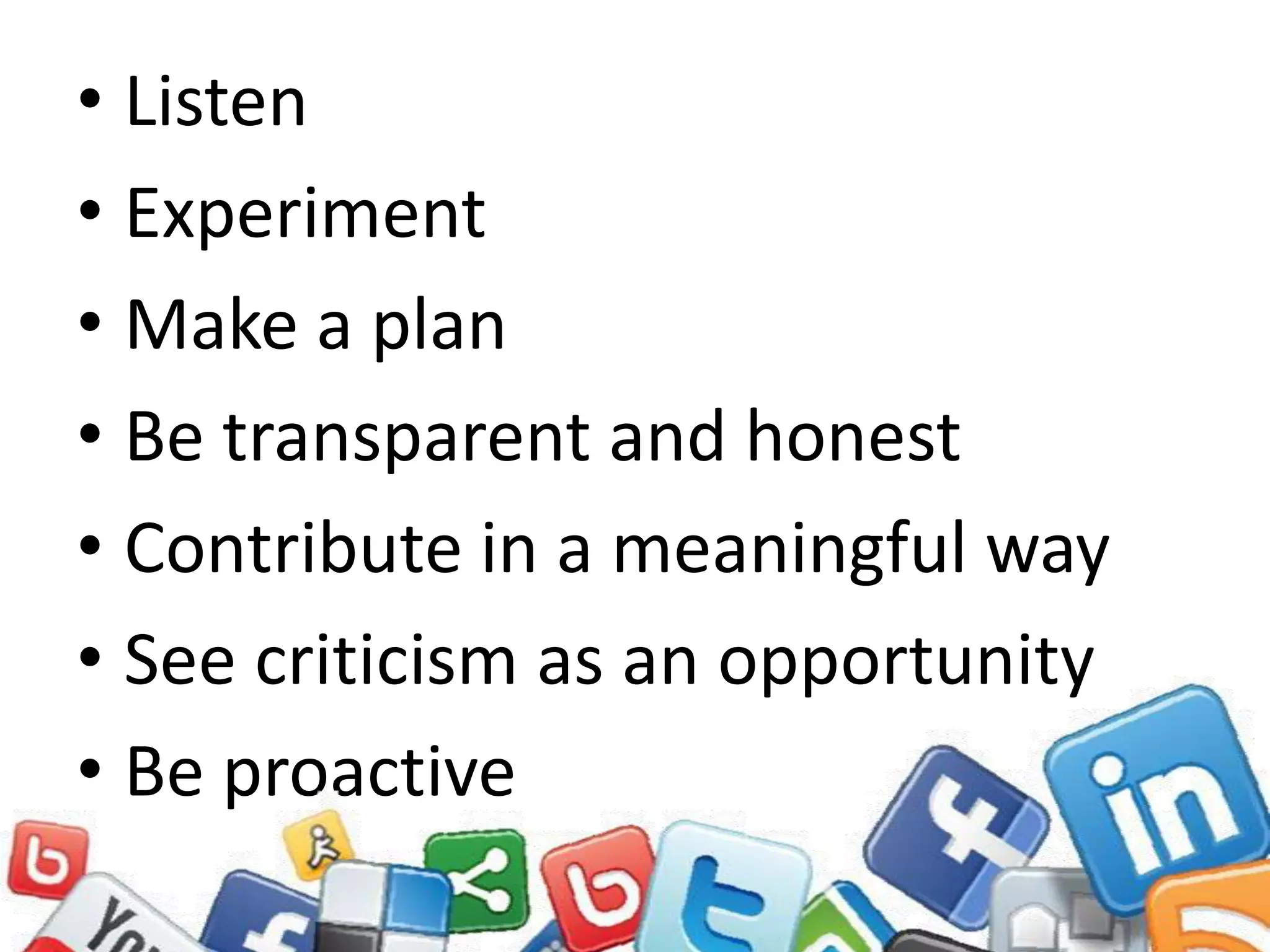 Our social media purpose isBe respectful and authenticProtect confidential informationConsider your audience and exercise good judgementRespect copyrightBring valueCan they do this during their work day?