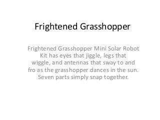 Frightened Grasshopper
Frightened Grasshopper Mini Solar Robot
Kit has eyes that jiggle, legs that
wiggle, and antennas that sway to and
fro as the grasshopper dances in the sun.
Seven parts simply snap together.

 