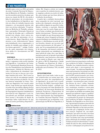 MAIO / 201742 REVISTA PROTEÇÃO
SST NOS FRIGORÍFICOS
possível observar importantes melhorias
nas condições de Saúde e Segurança do
Trabalho nos estabelecimentos respon-
sáveis pelo abate e processamento de
carne no país. “As empresas frigoríficas e
suas representações investiram nos últi-
mos anos dezenas de milhões de reais em
prol da SST, proporcionando, por exem-
plo, a adequação de inúmeros postos de
trabalho, inclusão de pausas durante as
jornadas e investimentos para controle
dos fatores de risco”, relata. Segundo
ele, também foram realizados seminá-
rios, workshops, reuniões e cursos para
orientação de empregadores e seus ges-
tores quanto às medidas necessárias para
garantir um ambiente seguro e saudável.
Heiler Natali, procurador do Trabalho
e coordenador do projeto de Adequação
das Condições de Saúde e Segurança no
Trabalho em Frigoríficos em nível nacio-
nal, cuja iniciativa já ajuizou uma série de
ações civis públicas nos estados em que a
atividade frigorífica se faz mais presente,
concorda que a legislação trouxe enor-
mes avanços. Segundo ele, sua imple-
mentação, que antes era vista com maus
olhos por parte do segmento econômico,
hoje é encarada como uma oportunidade
para a efetivação de medidas capazes de
reduzir as taxas de absenteísmo e rotati-
vidade de mão de obra, ainda abundante
no setor. A adequação nos postos de tra-
trabalho para o setor em 2005, que partiu
da então Comissão Nacional de Ergono-
mia do Ministério do Trabalho, e também
um dos membros pioneiros do grupo que
atuou na criação da NR 36, cita ainda a
falta de autonomia e de reconhecimen-
to dos trabalhadores de frigoríficos, que
têm seu ritmo de trabalho imposto pela
máquina e, em sua grande maioria, não
têm o seu serviço valorizado. “O especia-
lista em Medicina do Trabalho, psiquia-
tria e psicanálise Christophe Dejours já
nos dizia há décadas que o sofrimento
mental tem relação, entre outros mo-
tivos, com falta de autonomia e de re-
conhecimento. Quais frigoríficos estão
atentos a este enfrentamento? Quem
está trabalhando com a organização e a
gestão do trabalho para mitigar os efei-
tos destas agressões? ”, indaga. Confor-
me ele, parte importante dos corpora-
tivos ainda vê o investimento em SST
como custo.
ESFORÇO
Antes de avaliar como as questões de
saúde e segurança estão sendo tratadas
nos frigoríficos, o presidente da Contac
CUT (Confederação Brasileira Democrá-
tica dos Trabalhadores nas Indústrias da
Alimentação), Siderlei de Oliveira, per-
cebe a importância de relembrar a pri-
meira vez em que se chocou com os pe-
rigos trazidos pelo setor. “Há 15 anos eu
estava em cima de um palanque quando
notei várias pessoas na plateia com fai-
xas brancas amarradas no braço. Des-
cobri um diagnóstico em comum: pulso
aberto. Logo deduzi que aquela situação
só podia estar vinculada a alguma doença
ocupacional. Mas o médico do Trabalho
da empregadora daqueles trabalhadores
desconhecia esse diagnóstico como de-
sencadeado por atividade profissional.
Nem mesmo o Secretário de Saúde do
município tinha conhecimento do que
eram as Lesões por Esforço Repetitivo”,
ASCOM/MPT-RS
Setor lidera estatísticas de doenças do trabalho,
relata. Ele chegou a entrar em contato
com os patrões do estabelecimento, que
se negaram a alterar seu modo de traba-
lho, pois temiam que isso fosse afetar os
resultados da produção.
A partir daí, a entidade desencadeou
uma campanha em nível nacional, que
acabou não chamando a atenção dos ór-
gãos públicos ligados às questões traba-
lhistas, conforme o esperado. Siderlei
conta que essa foi a gota d’água que le-
vou a Contac a realizar uma denúncia em
âmbito internacional. “Fizemos uma re-
vista em inglês em que denunciamos que
o frango que estava chegando na Europa
causava mutilação nos trabalhadores bra-
sileiros e o distribuímos na sede da OIT,
em Genebra, durante um encontro que
reuniu representantes de 162 países”. A
ação, que foi acompanhada pelo masco-
te da campanha, um homem vestido de
frango empurrando um trabalhador em
uma cadeira de rodas, deu o que falar. A
iniciativa pode até ter gerado represálias
inicialmente, mas fomentou a discussão
que já existia no Brasil e que, mais tar-
de, gerou a NR 36 (Segurança e Saúde
no Trabalho em Empresas de Abate e
Processamento de Carnes e Derivados),
publicada com a Portaria nº 555, em abril
de 2013.
INVESTIMENTOS
Quatro anos mais tarde, todos os pra-
zos estabelecidos na norma para ade-
quação por parte dos empregadores já
se esgotaram e, de acordo com o consul-
tor técnico da ABPA (Associação Brasi-
leira de Proteína Animal – entidade que
nasceu da junção da União Brasileira de
Avicultura e da Associação Brasileira da
Indústria Produtora e Exportadora de
Carne Suína), Moacir Cerigueli, que tam-
bém é representante dos empregadores
na Comissão Nacional Tripartite Temá-
tica responsável por acompanhar a im-
plementação da NR 36 nos frigoríficos, é
 