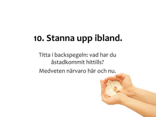 10. Stanna upp ibland.
Titta i backspegeln: vad har du
åstadkommit hittills?
Medveten närvaro här och nu.
 