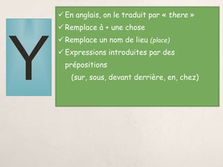 Y
 En anglais, on le traduit par « there »
 Remplace à + une chose
 Remplace un nom de lieu (place)
 Expressions introduites par des
prépositions
(sur, sous, devant derrière, en, chez)
 