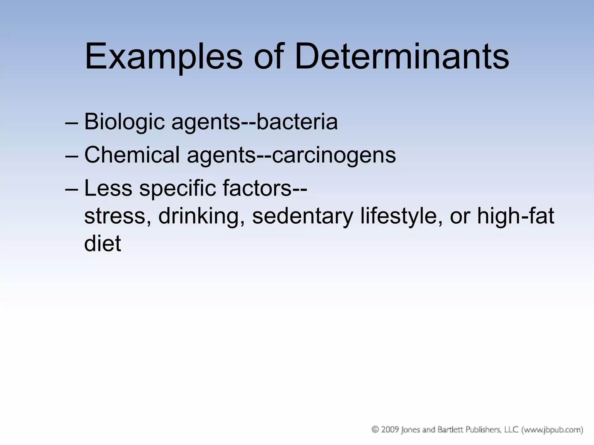 Examples of Determinants
– Biologic agents--bacteria
– Chemical agents--carcinogens
– Less specific factors--
  stress, drinking, sedentary lifestyle, or high-fat
  diet
 