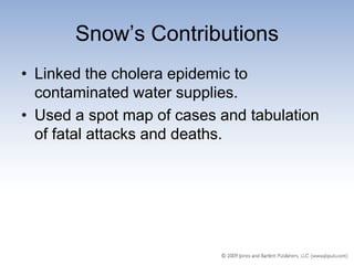 Snow’s Contributions
• Linked the cholera epidemic to
  contaminated water supplies.
• Used a spot map of cases and tabulation
  of fatal attacks and deaths.
 