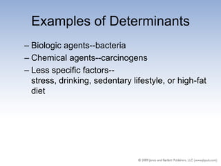 Examples of Determinants
– Biologic agents--bacteria
– Chemical agents--carcinogens
– Less specific factors--
  stress, drinking, sedentary lifestyle, or high-fat
  diet
 