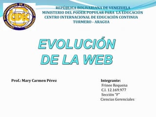 REPÚBLICA BOLIVARIANA DE VENEZUELA
MINISTERIO DEL PODER POPULAR PARA LA EDUCACIÓN
CENTRO INTERNACIONAL DE EDUCACIÓN CONTINUA
TURMERO - ARAGUA

Prof.: Mary Carmen Pérez

Integrante:
Frinee Requena
C.I. 12.169.977
Sección “F”
Ciencias Gerenciales

 