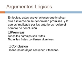 Argumentos Lógicos

En lógica, estas aseveraciones que implican
otra aseveración se denominan premisas y la
que es implicada por las anteriores recibe el
nombre de conclusión.
Premisas
Todas las naranjas son frutas.
Todas las frutas contienen vitaminas.

Conclusión
Todas las naranjas contienen vitaminas.
 