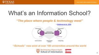 “The place where people & technology meet”
~ Wobbrock et al., 2009
“iSchools” now exist at over 100 universities around th...