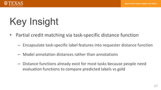 Key Insight
• Partial credit matching via task-specific distance function
– Encapsulate task-specific label features into ...