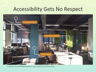 Accessibility Gets No Respect
In fairness, Sherwin Williams needs to come up with a lot of color names...
“Cyberspace” (gray)
“Online” (blue)
“Lime Rickey” (green)
 