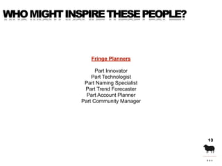 WHO MIGHT INSPIRE THESE PEOPLE?



                Fringe Planners

                   Part Innovator
                 Par...