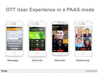 OTT User Experience in a PAAS mode 




Messaging	
     Voice	
  Calls	
     Video	
  Calls	
     Conferencing	
  
 