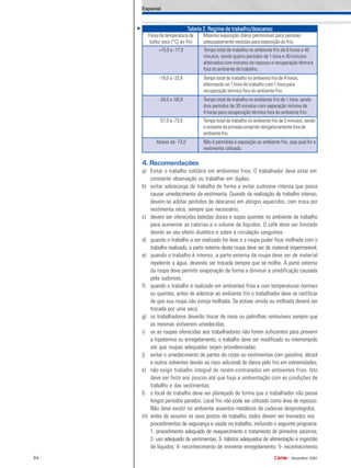 94 •
Novembro 2007
4. Recomendações
a) Evitar o trabalho solitário em ambientes frios. O trabalhador deve estar em
constante observação ou trabalhar em duplas;
b) evitar sobrecarga de trabalho de forma a evitar sudorese intensa que possa
causar umedecimento da vestimenta. Quando da realização de trabalho intenso,
devem-se adotar períodos de descanso em abrigos aquecidos, com troca por
vestimenta seca, sempre que necessário;
c) devem ser oferecidas bebidas doces e sopas quentes no ambiente de trabalho
para aumentar as calorias e o volume de líquidos. O café deve ser limitado
devido ao seu efeito diurético e sobre a circulação sanguínea;
d) quando o trabalho a ser realizado for leve e a roupa puder ficar molhada com o
trabalho realizado, a parte externa desta roupa deve ser de material impermeável;
e) quando o trabalho é intenso, a parte externa da roupa deve ser de material
repelente a água, devendo ser trocada sempre que se molhe. A parte externa
da roupa deve permitir evaporação de forma a diminuir a umidificação causada
pela sudorese;
f) quando o trabalho é realizado em ambientes frios e com temperaturas normais
ou quentes, antes de adentrar ao ambiente frio o trabalhador deve se certificar
de que sua roupa não esteja molhada. Se estiver úmida ou molhada deverá ser
trocada por uma seca;
g) os trabalhadores deverão trocar de meia ou palmilhas removíveis sempre que
as mesmas estiverem umedecidas;
i) se as roupas oferecidas aos trabalhadores não forem suficientes para prevenir
a hipotermia ou enregelamento, o trabalho deve ser modificado ou interrompido
até que roupas adequadas sejam providenciadas;
j) evitar o umedecimento de partes do corpo ou vestimentas com gasolina, álcool
e outros solventes devido ao risco adicional de danos pelo frio em extremidades;
k) não exigir trabalho integral de recém-contratados em ambientes frios. Isto
deve ser feito aos poucos até que haja a ambientação com as condições de
trabalho e das vestimentas;
l) o local de trabalho deve ser planejado de forma que o trabalhador não passe
longos períodos parados. Local frio não pode ser utilizado como área de repouso.
Não deve existir no ambiente assentos metálicos de cadeiras desprotegidos;
m) antes de assumir os seus postos de trabalho, todos devem ser treinados nos
procedimentos de segurança e saúde no trabalho, incluindo o seguinte programa:
1- procedimento adequado de reaquecimento e tratamento de primeiros socorros;
2- uso adequado de vestimentas; 3- hábitos adequados de alimentação e ingestão
de líquidos; 4- reconhecimento de iminente enregelamento; 5- reconhecimento
Especial
Faixa de temperatura de
bulbo seco (°C) ao frio
TTTTTabela 2. Regime de trabalho/descansoabela 2. Regime de trabalho/descansoabela 2. Regime de trabalho/descansoabela 2. Regime de trabalho/descansoabela 2. Regime de trabalho/descanso
Máxima exposição diária permissível para pessoas
adequadamente vestidas para exposição ao frio.
+15,0 a -17,9 Tempo total de trabalho no ambiente frio de 6 horas e 40
minutos, sendo quatro períodos de 1 hora e 40 minutos
alternados com minutos de repouso e recuperação térmica
fora do ambiente de trabalho.
-18,0 a -33,9 Tempo total de trabalho no ambiente frio de 4 horas,
alternando-se 1 hora de trabalho com 1 hora para
recuperação térmica fora do ambiente frio.
-34,0 a -56,9 Tempo total de trabalho no ambiente frio de 1 hora, sendo
dois períodos de 30 minutos com separação mínima de
4 horas para recuperação térmica fora do ambiente frio.
-57,0 a -73,0 Tempo total de trabalho no ambiente frio de 5 minutos, sendo
orestantedajornadacumpridoobrigatoriamenteforade
ambientefrio.
Abaixo de -73,0 Não é permitida a exposição ao ambiente frio, seja qual for a
vestimenta utilizada.
 