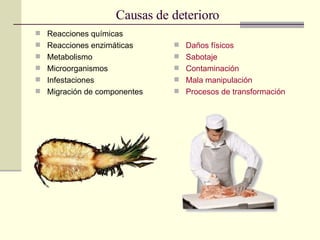 Causas de deterioro Reacciones químicas Reacciones enzimáticas Metabolismo Microorganismos Infestaciones Migración de componentes Daños físicos Sabotaje Contaminación Mala manipulación Procesos de transformación 