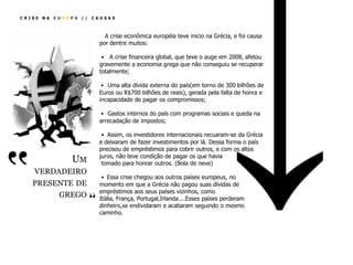 CRISE   NA   EUROPA //   CAUSAS



                                 A crise econômica européia teve inicio na Grécia, e foi causa
                               por dentre muitos:

                                • A crise financeira global, que teve o auge em 2008, afetou
                               gravemente a economia grega que não conseguiu se recuperar
                               totalmente;

                                • Uma alta dívida externa do país(em torno de 300 bilhões de
                               Euros ou R$700 bilhões de reais), gerada pela falta de honra e
                               incapacidade de pagar os compromissos;

                               • Gastos internos do país com programas sociais e queda na
                               arrecadação de impostos;

                                • Assim, os investidores internacionais recuaram-se da Grécia
                               e deixaram de fazer investimentos por lá. Dessa forma o país




‛‛
                               precisou de empréstimos para cobrir outros, e com os altos
                               juros, não teve condição de pagar os que havia
                  UM            tomado para honrar outros. (Bola de neve)
     VERDADEIRO
                                • Essa crise chegou aos outros países europeus, no
     PRESENTE DE          ‛‛   momento em que a Grécia não pagou suas dívidas de
                               empréstimos aos seus países vizinhos, como
          GREGO                Itália, França, Portugal,Irlanda....Esses países perderam
                               dinheiro,se endividaram e acabaram seguindo o mesmo
                               caminho.
 