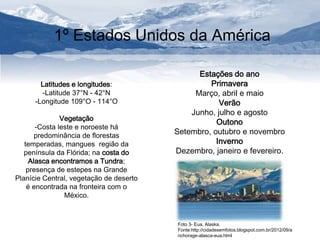 1º Estados Unidos da América 
Latitudes e longitudes: 
-Latitude 37°N - 42°N 
-Longitude 109°O - 114°O 
Vegetação 
-Costa leste e noroeste há 
predominância de florestas 
temperadas, mangues região da 
península da Flórida; na costa do 
Alasca encontramos a Tundra; 
presença de estepes na Grande 
Planície Central, vegetação de deserto 
é encontrada na fronteira com o 
México. 
Estações do ano 
Primavera 
Março, abril e maio 
Verão 
Junho, julho e agosto 
Outono 
Setembro, outubro e novembro 
Inverno 
Dezembro, janeiro e fevereiro. 
Foto 3- Eua, Alaska. 
Fonte:http://cidadesemfotos.blogspot.com.br/2012/09/a 
nchorage-alasca-eua.html 
 