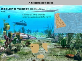 CRONOLOXÍA DO PALEOZOICO: 600-225 millóns de
anos.
Macizo hespérico
Macizos de Aquitania,
Catalano-Balear e do Ebro
Macizo Betico-Rifeño
A historia xeolóxica
É posible que o Friol emerxido
conserve pegadas de cando foi mar???
 