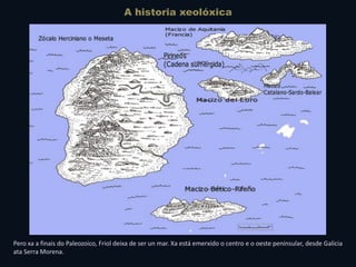 CRONOLOXÍA DO PALEOZOICO: 600-225 millóns de
anos.
Macizo hespérico
Macizos de Aquitania,
Catalano-Balear e do Ebro
Macizo...