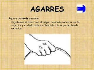 • Agarre de revés o normal
• Sujetamos el disco con el pulgar colocado sobre la parte
superior y el dedo índice extendido a lo largo del borde
exterior

 